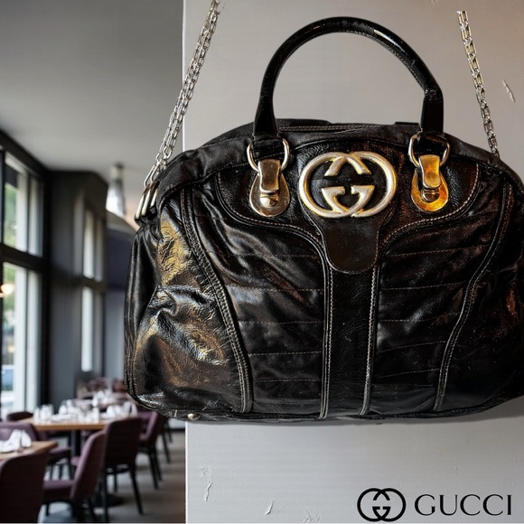 AUTHENTIC GUCCI DIALUX SNOW GLAM BOWLER BLK LEATHER SILV GG SHOULDER BAG W/CHAIN - Picture 2 of 10
